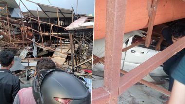 Lucknow Shocker: Woman, Daughter Killed After Huge Billboard of Ekana Stadium Falls on Their SUV Due to Strong Storm, Devastating Pics and Video Surfaces
